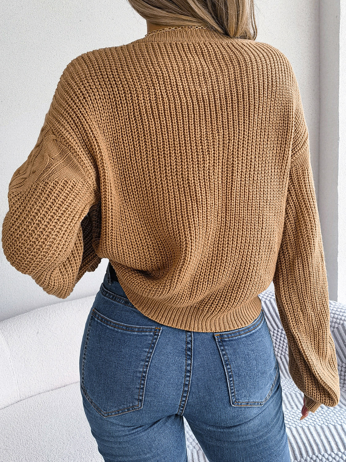 Women's Cable-Knit Round Neck Drop Shoulder Sweater