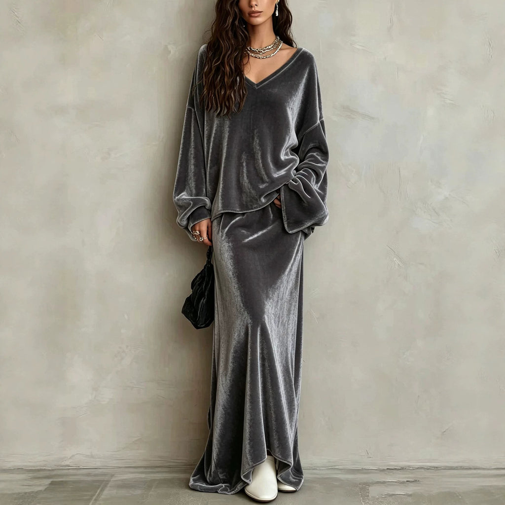 Velvet Loose-fit V-neck Long-sleeve Womens Set