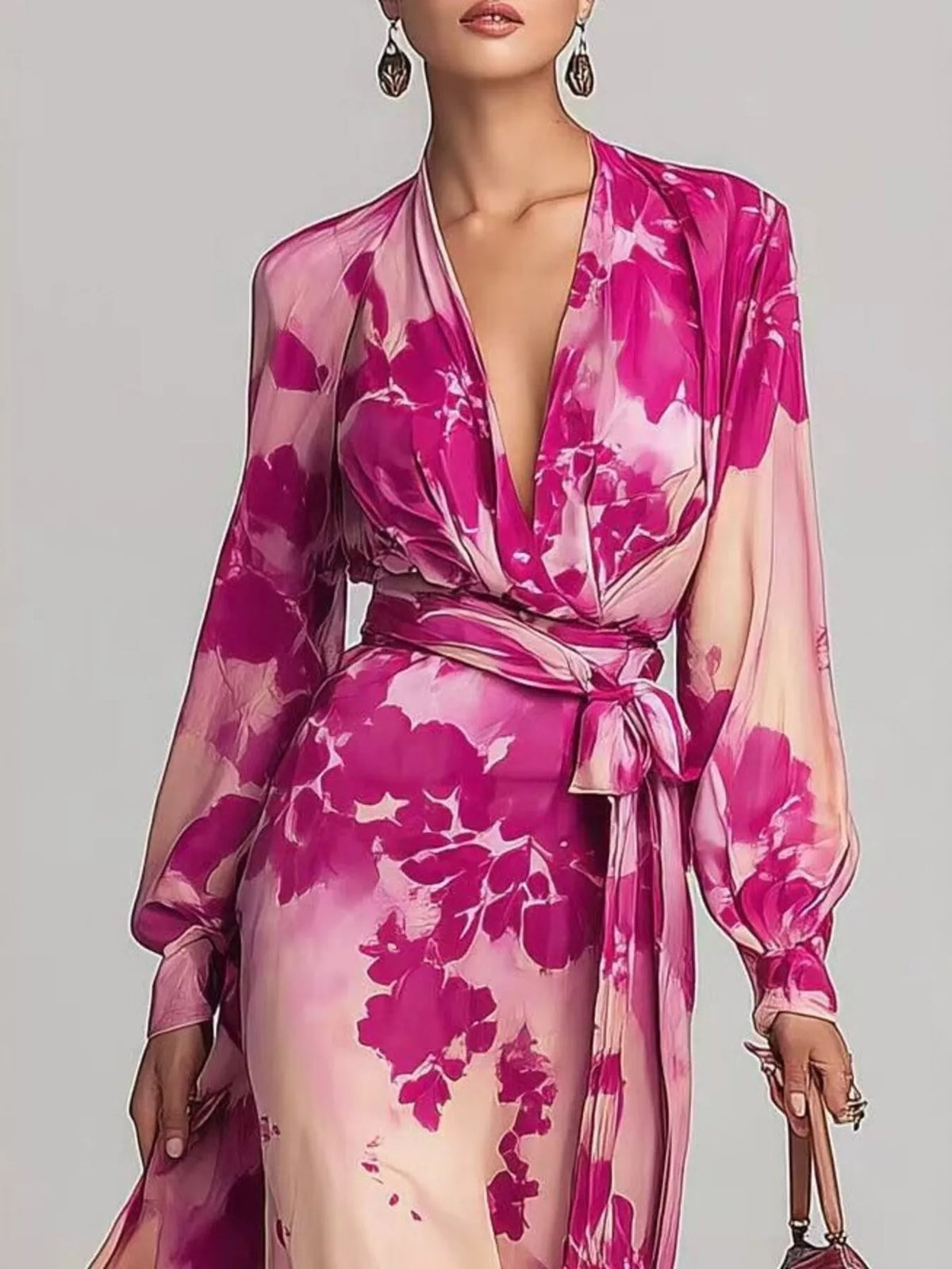 Women's Hot Pink Floral Print Maxi Dress with Waist-Tie Detail - Hot Pink
