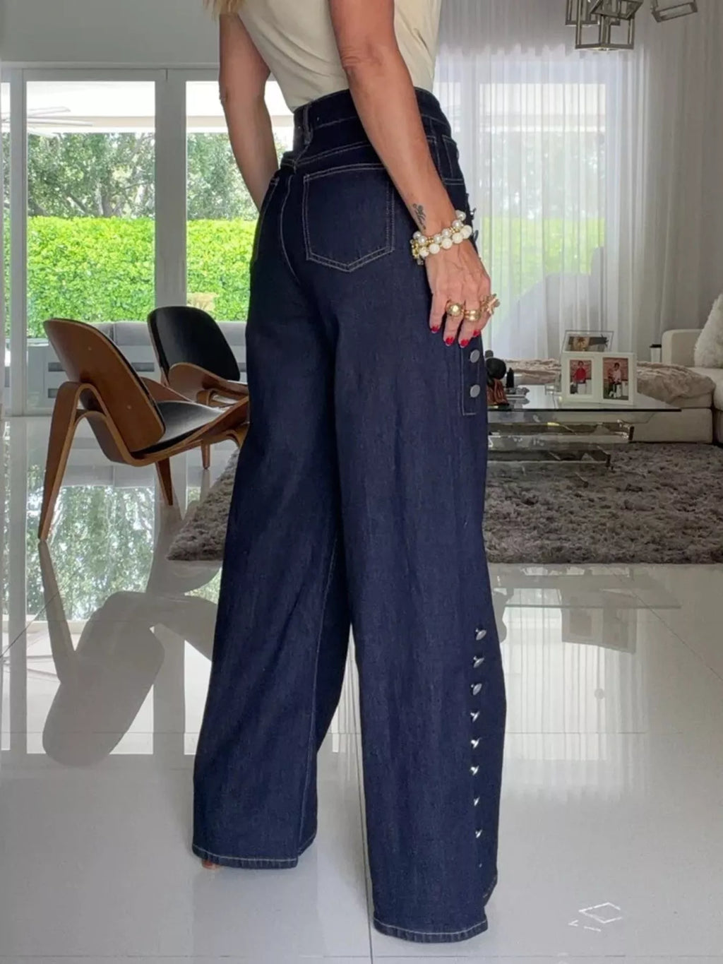 Women's Dark Blue Decorative Button High-Waisted Wide-Leg Jeans - Dark Blue