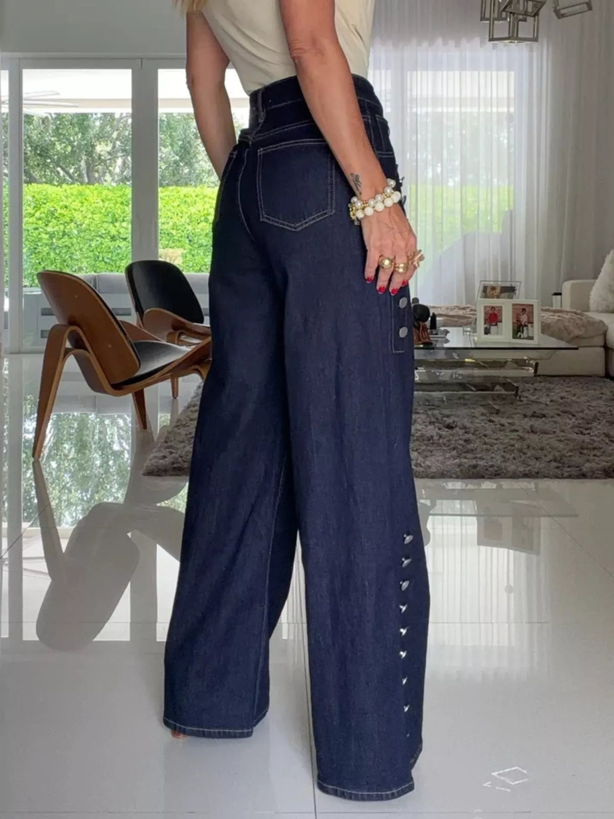Women's Dark Blue Decorative Button High-Waisted Wide-Leg Jeans - Dark Blue