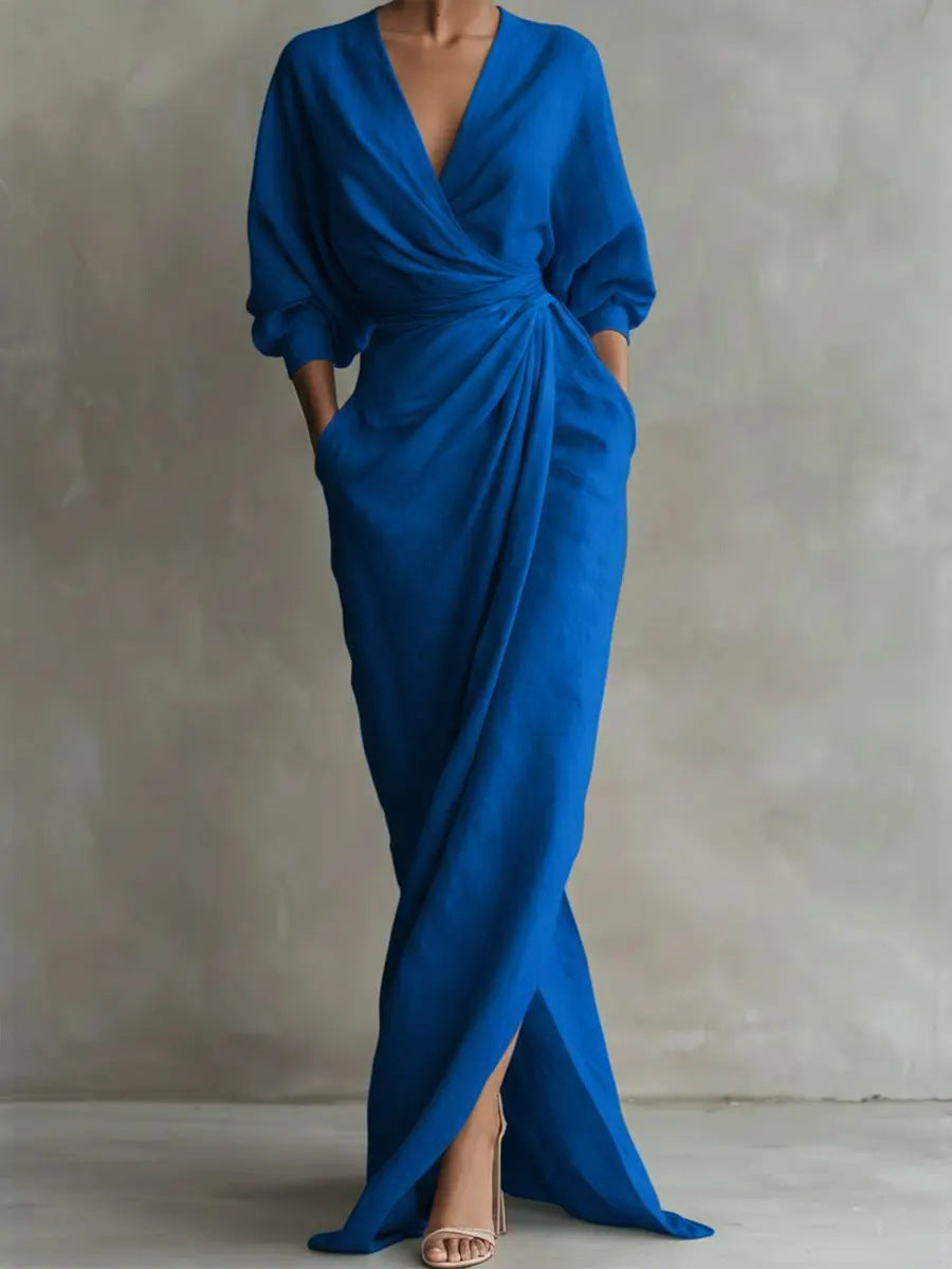 New Style Elegant Solid Color V-Neck Long Sleeve Slit Waist-Cinching Pocket Long Dress For Independent Sites