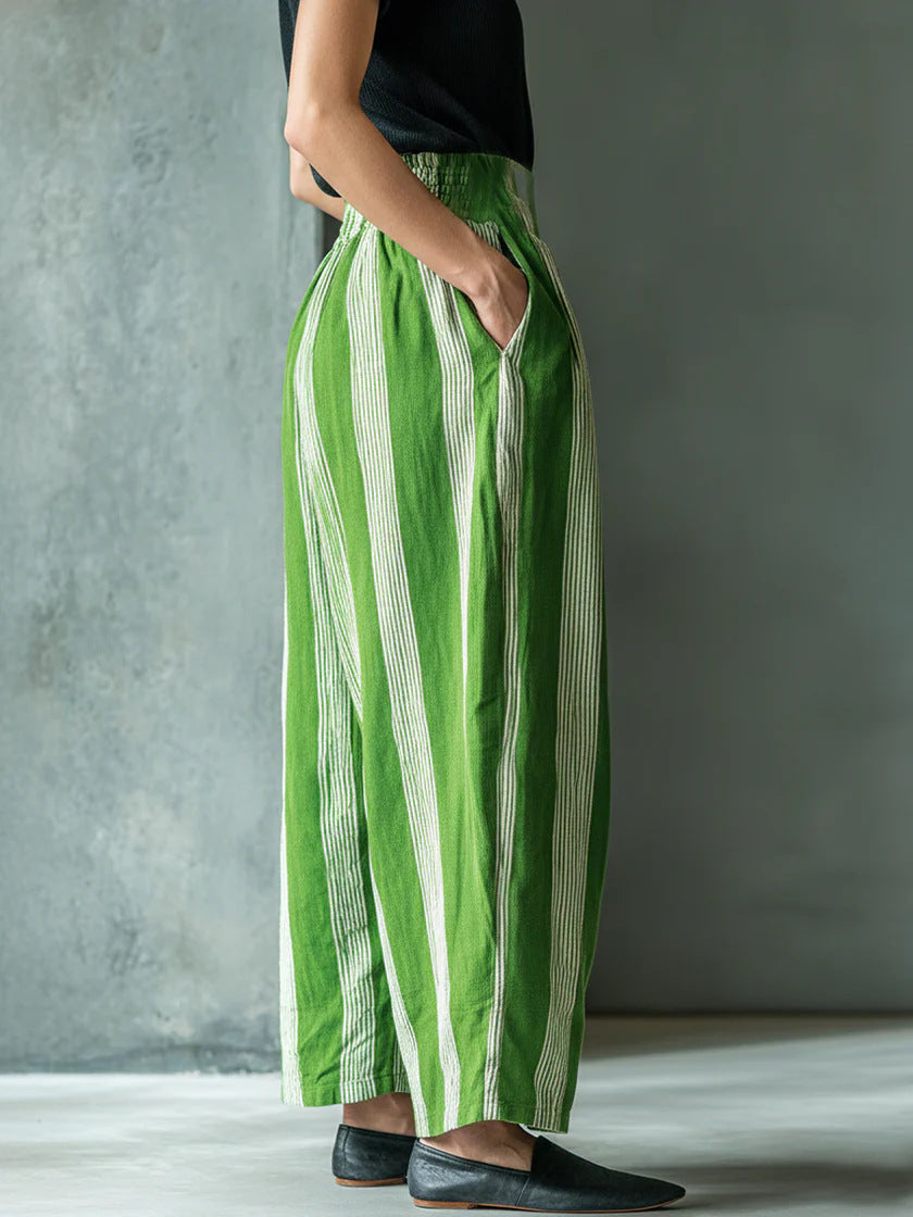 Women's Autumn New European And American Cross-Border Women's Loose Casual Vacation Style Linen Striped Wide-Leg Pants With A High-End Feel
