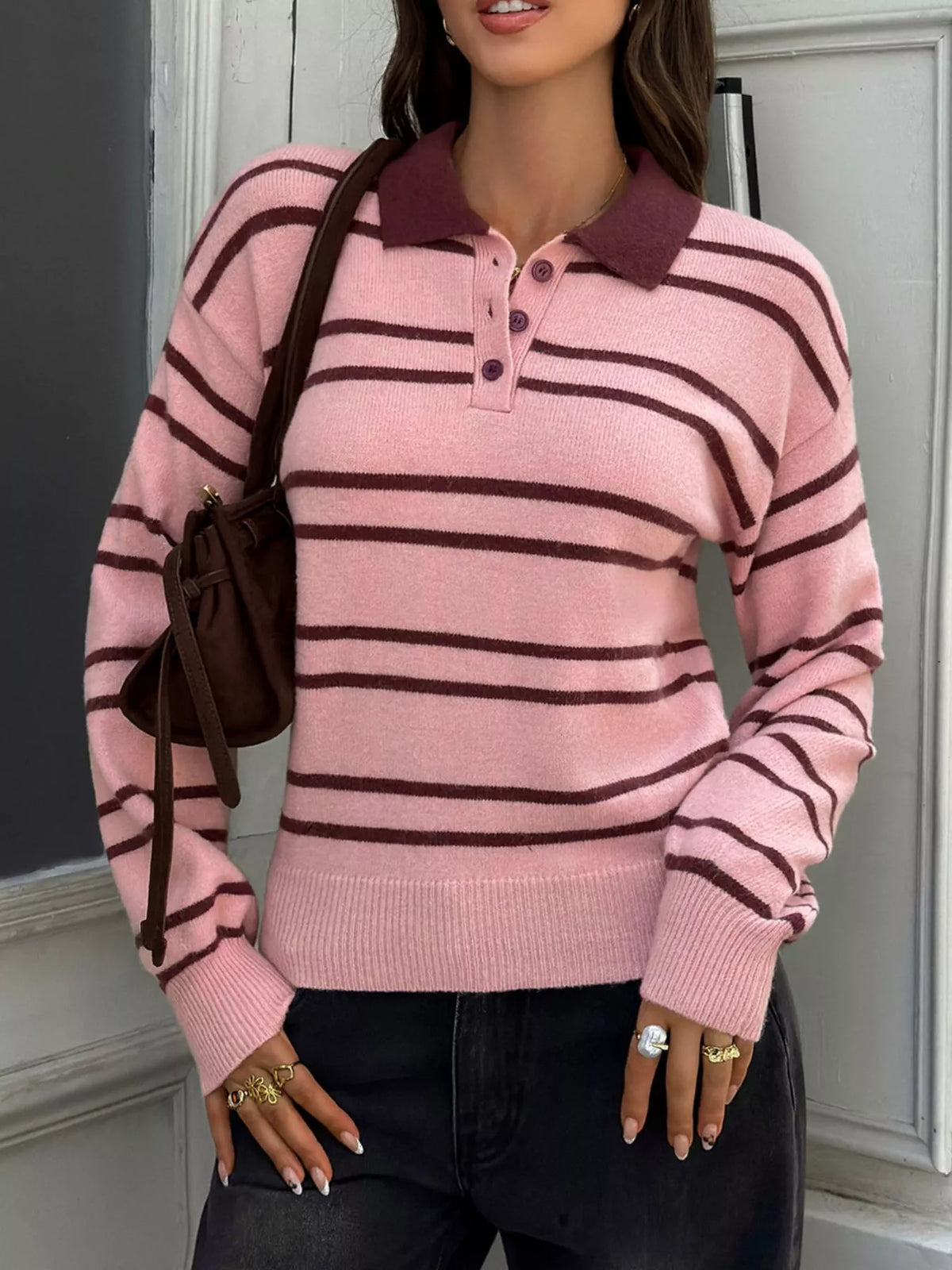 Women's Pink And Brown Stripes Striped Polo Collar Dropped Shoulder Sweater - Pink And Brown Stripes