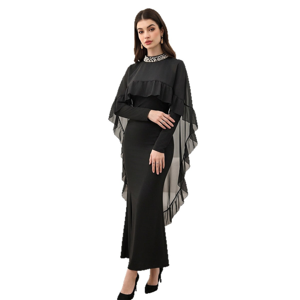 Female Nail Bead Half High Neck Mesh Ruffle Edge Dress