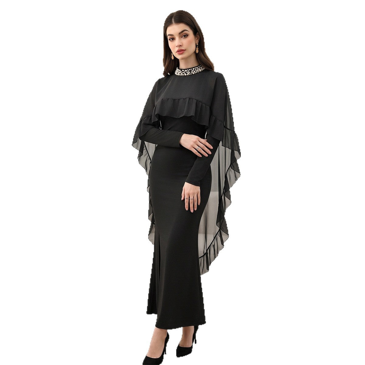 Female Nail Bead Half High Neck Mesh Ruffle Edge Dress