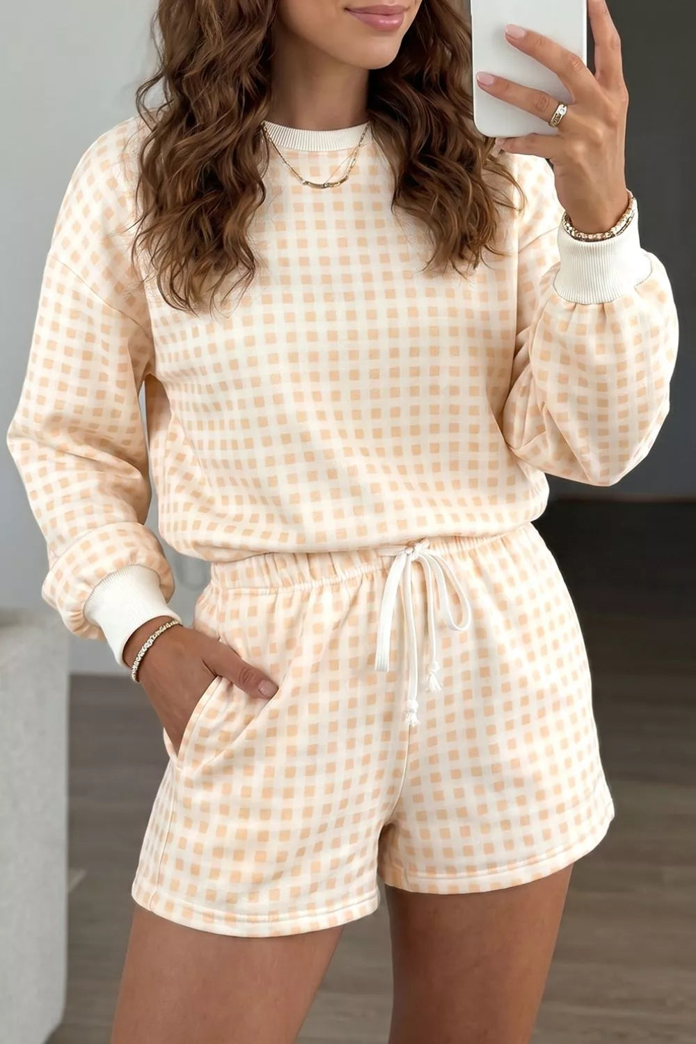 Women's Pastel Yellow Gingham Long Sleeve Sweatshirt and Shorts Set - Pastel Yellow
