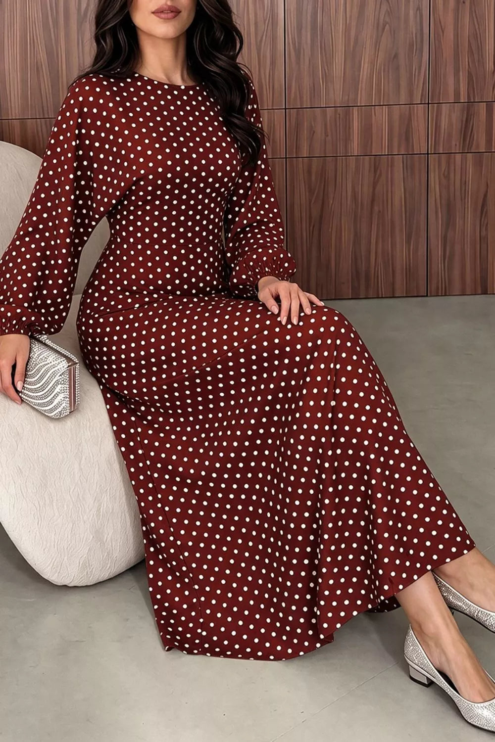 Women's Polka Dot Long Sleeve Maxi Dress