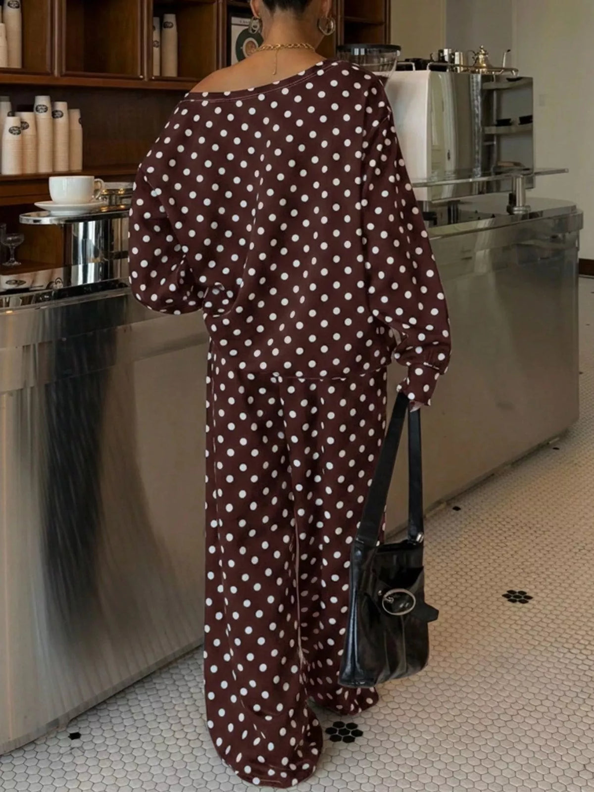 Women's Polka Dot Boat Neck Top and Pants Set