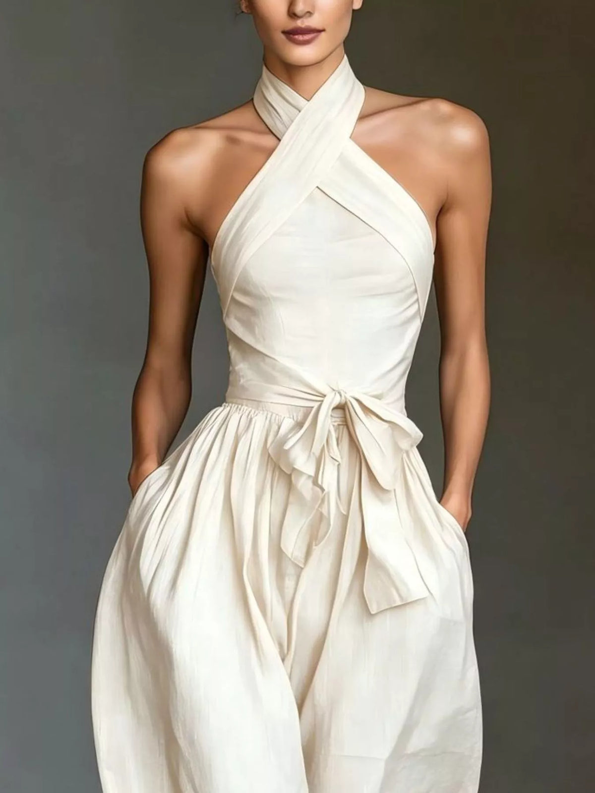 Women's Halter Neck Wide-Leg Jumpsuit with Waist-Tie Detail