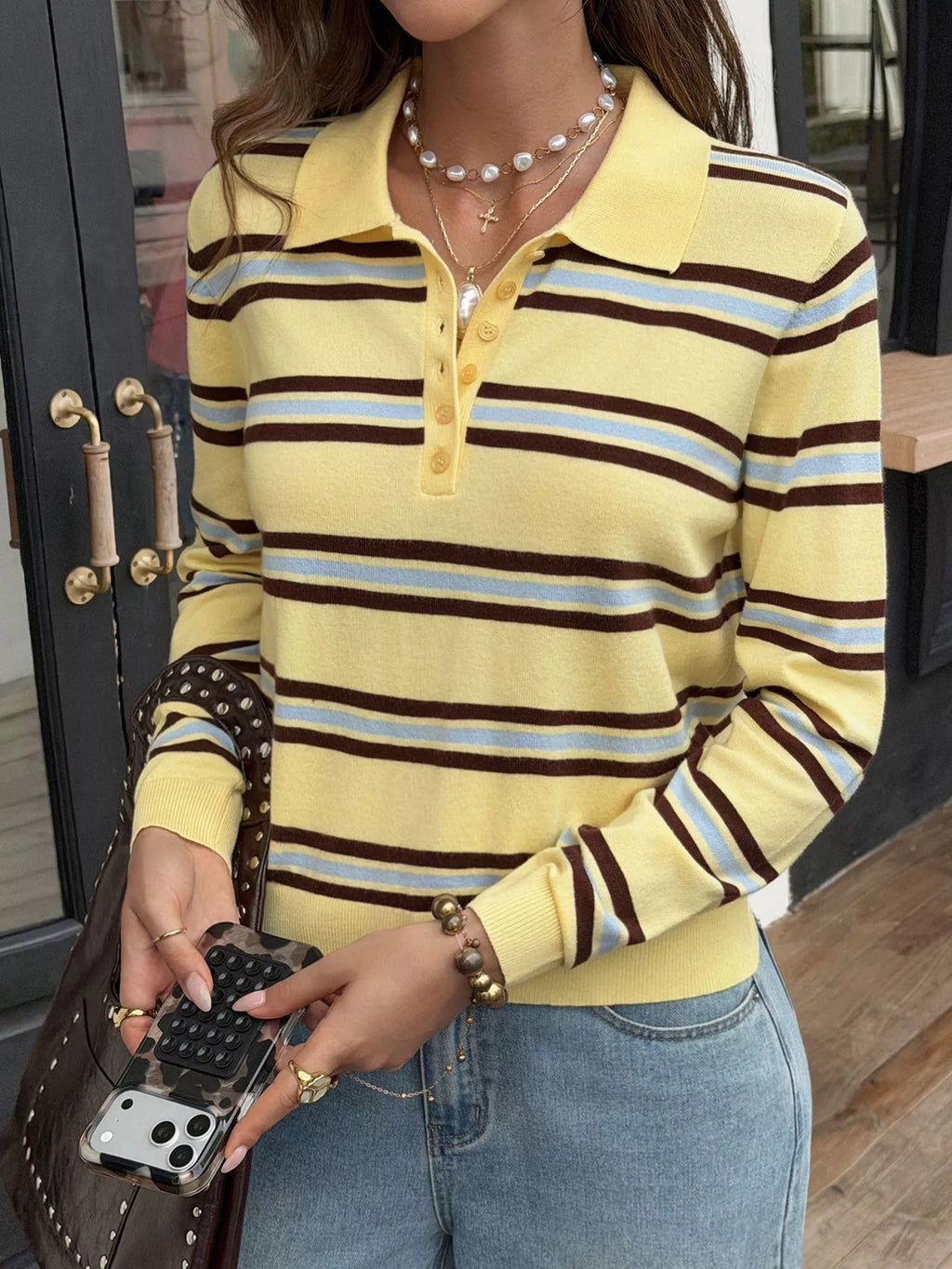 Women's Colorful Stripes Striped Polo Collar Knit Top - Colorful Stripes