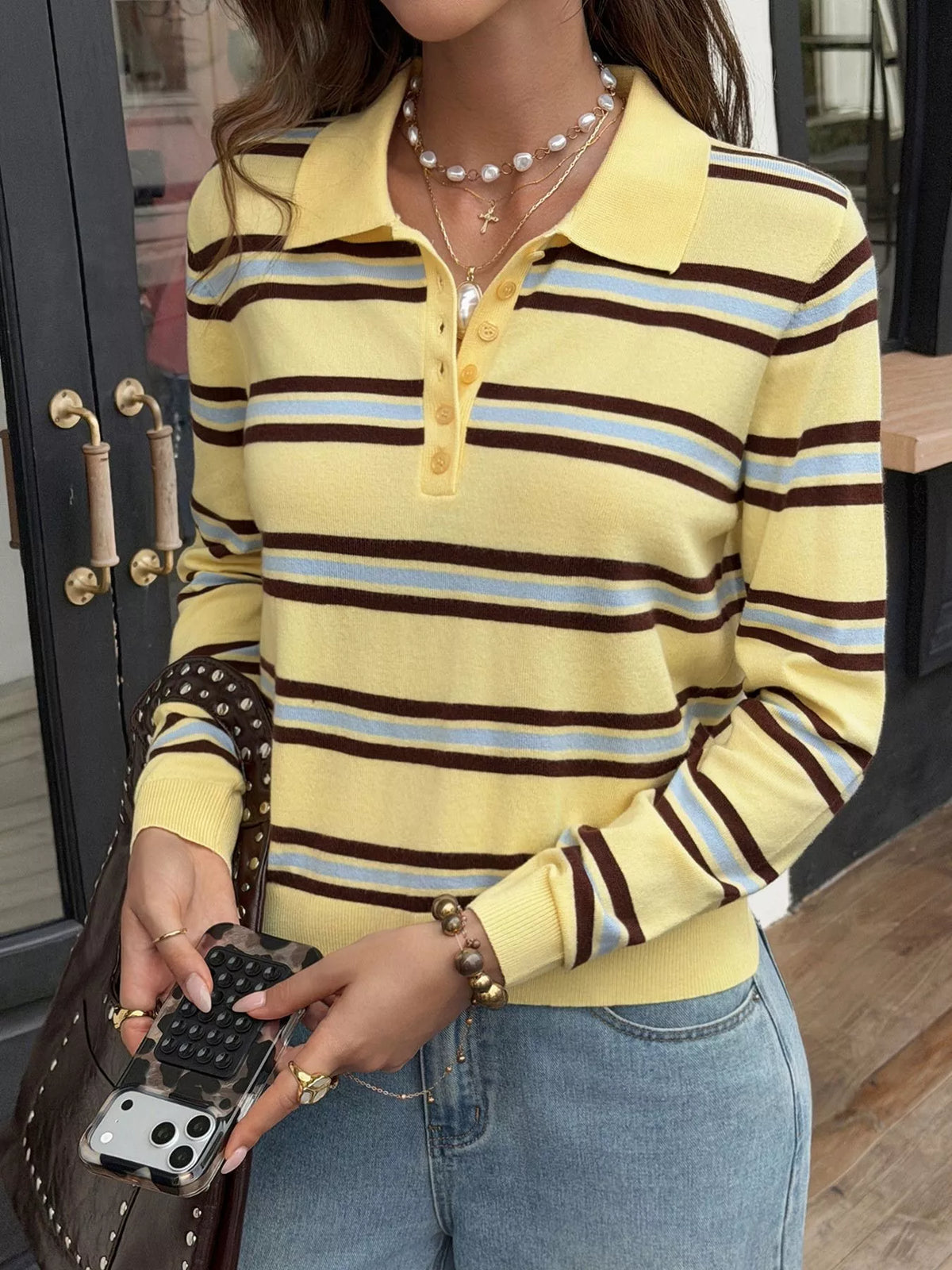 Women's Colorful Stripes Striped Polo Collar Knit Top - Colorful Stripes