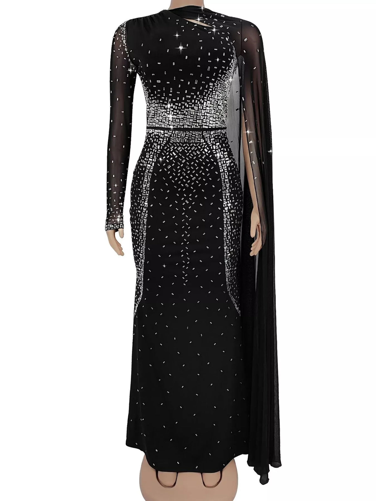 Women's Black Rhinestone Embellished Cape Maxi Dress - Black