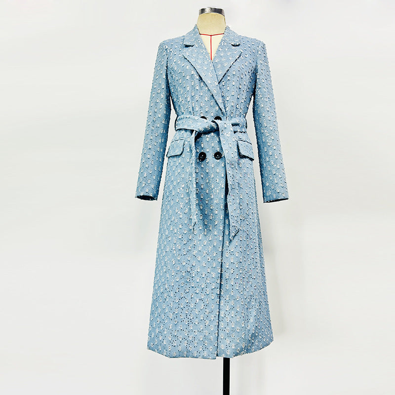 Women's Denim blue Light Blue Tweed Belted Double-Breasted Long Coat - Denim blue