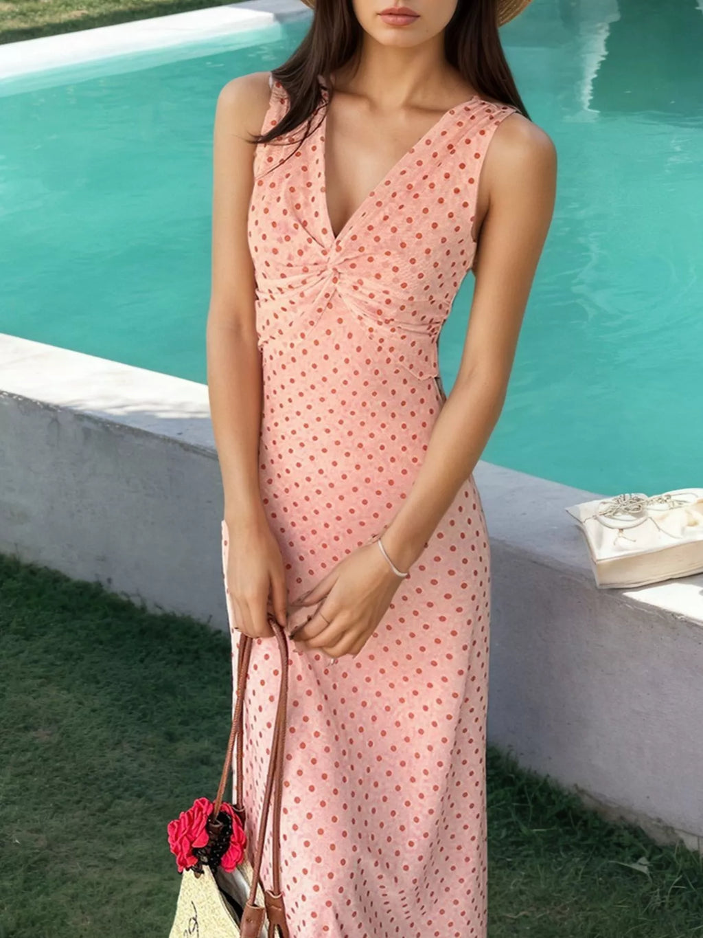 Women's Pink Polka Dot Twist-Front Sleeveless Maxi Dress - Pink