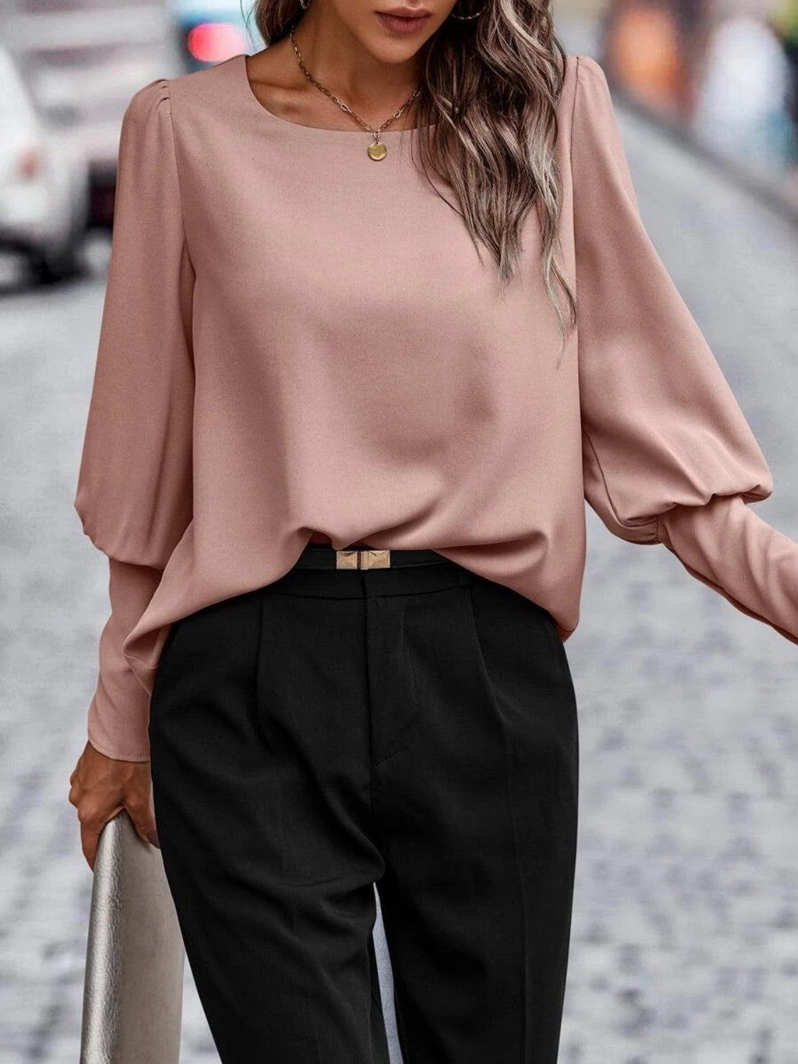 Women's Round Neck Lantern Sleeve Blouse