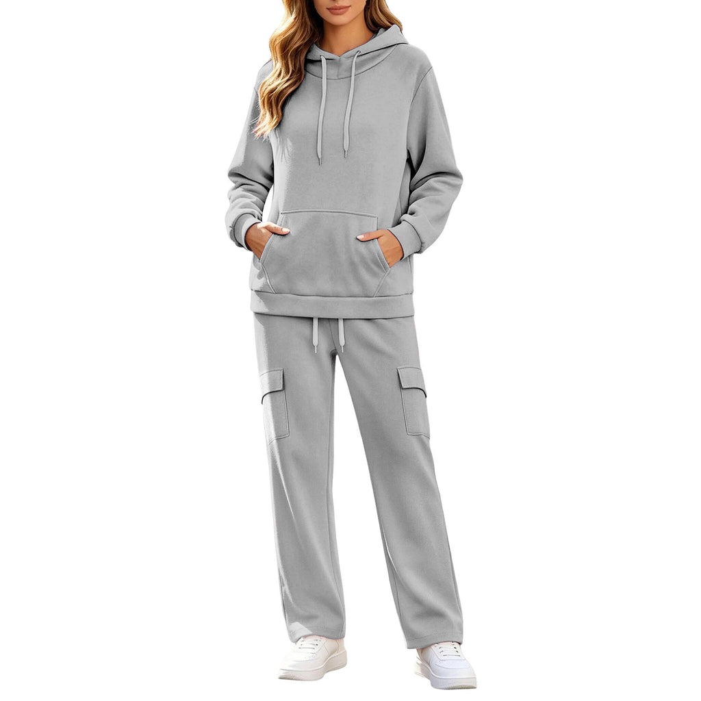 Hoodie Set Long-sleeve Sweatshirt With Fleece Lining And Matching Pants With Pockets Womens