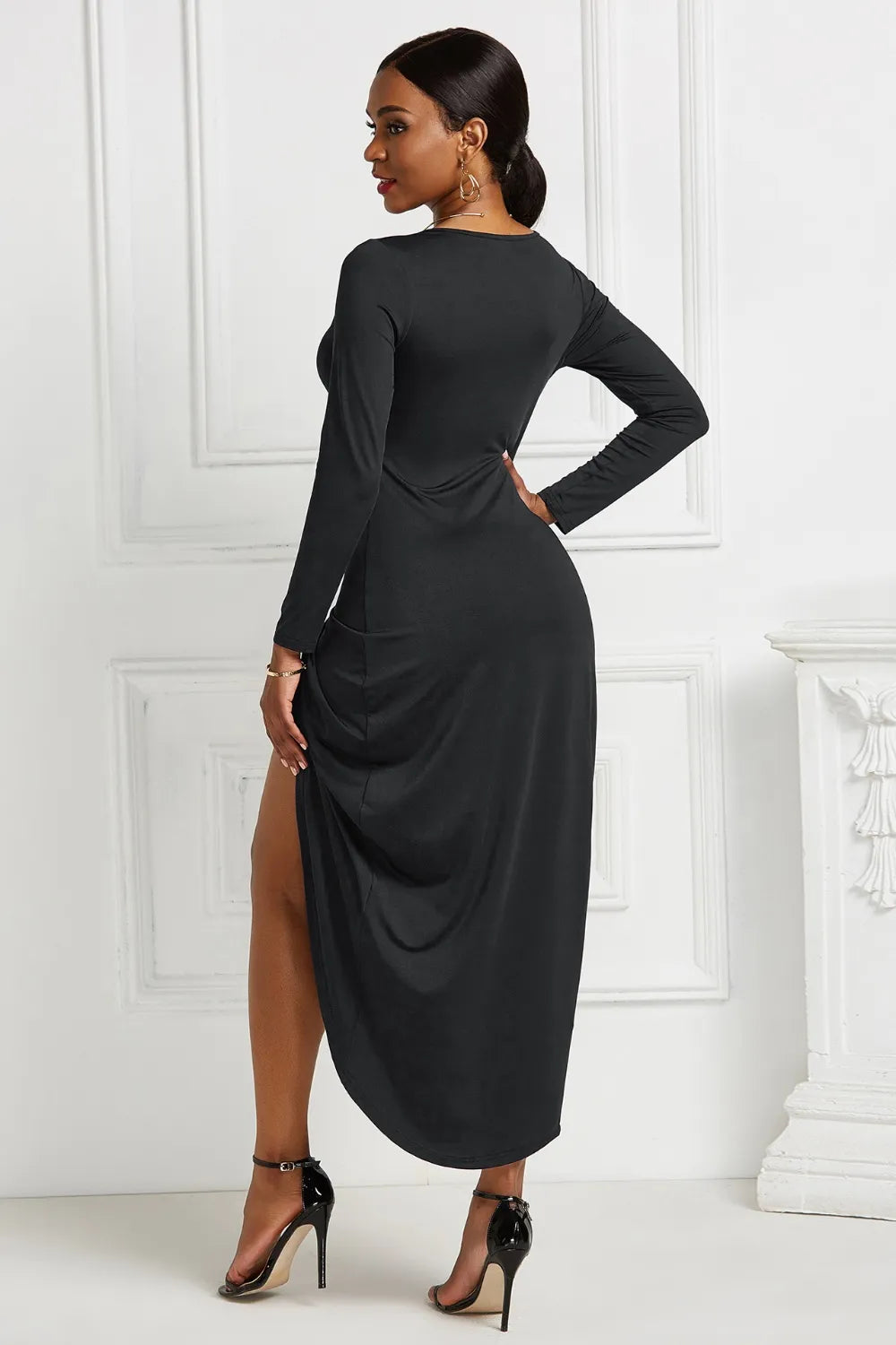 Women's High-low Ruched Surplice Long Sleeve Dress