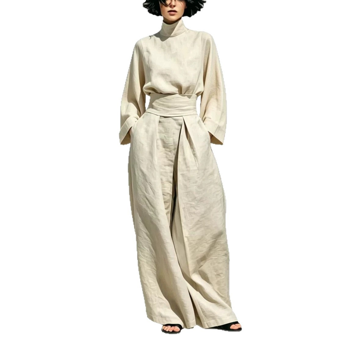Women's AutumnWinter Cotton-Linen Bell-Sleeve Wide-Leg Pants Casual Set