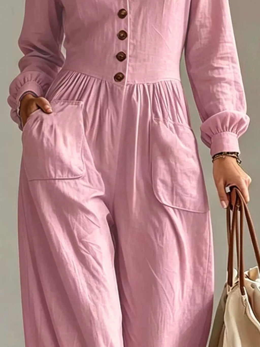 Women's V-Neck Long Sleeve Button Front Wide-Leg Jumpsuit