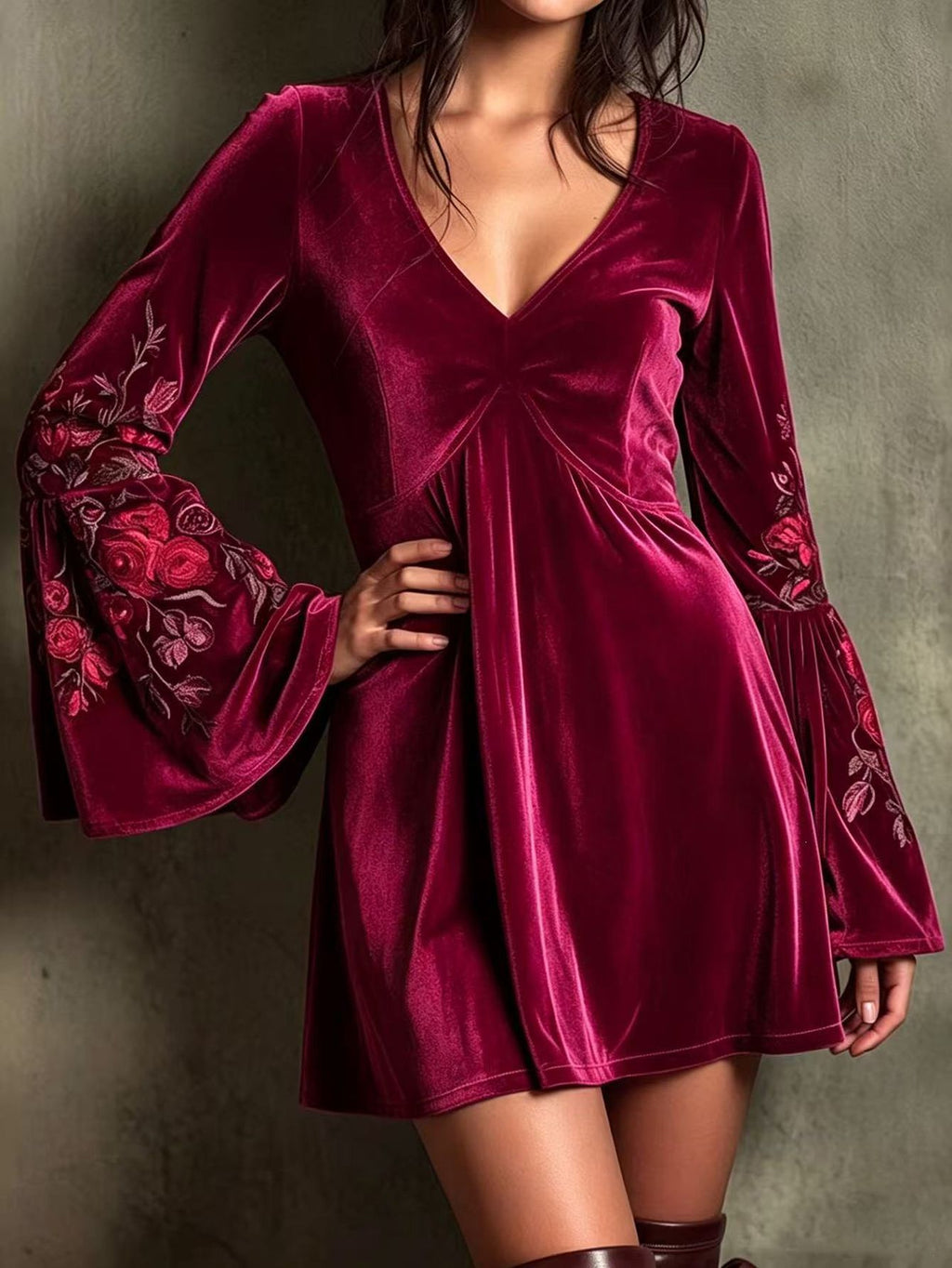 Velvet Mini Dress For Women, V Neck Bell Long Sleeve Floral Embroidery Boho Swing Short Dress