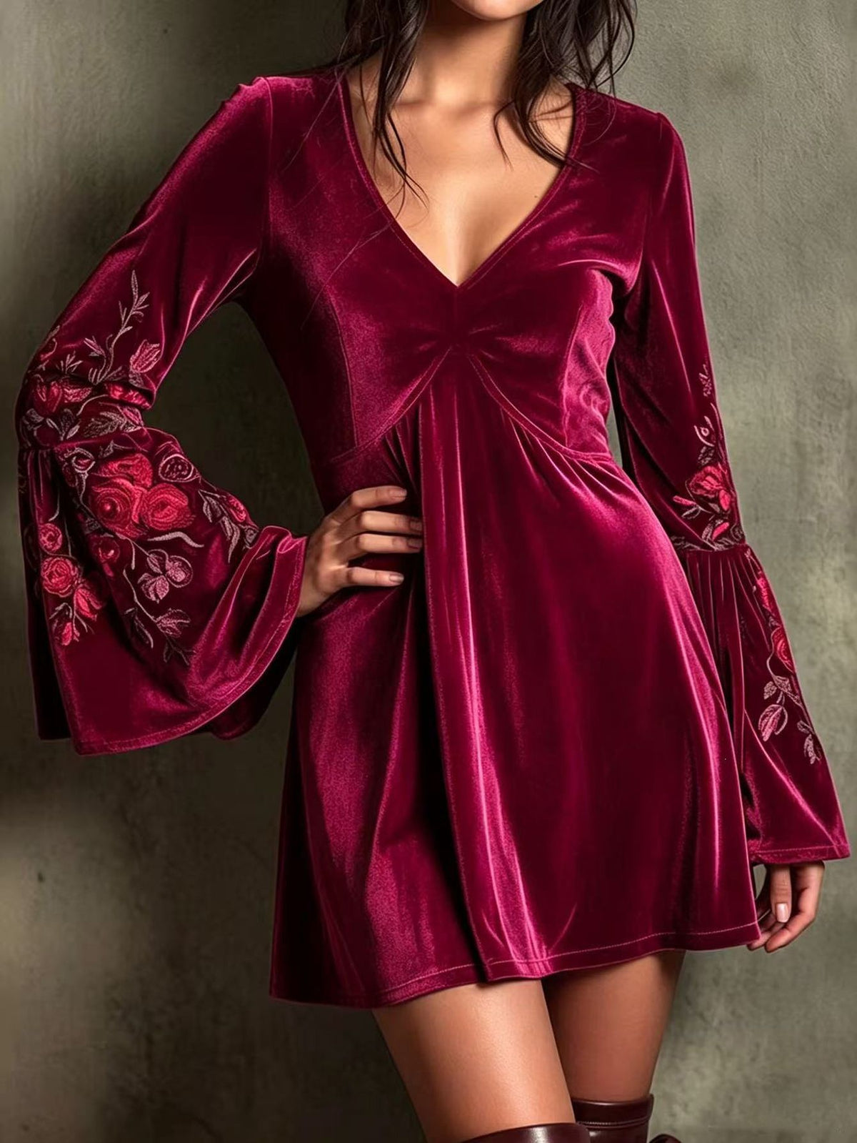 Velvet Mini Dress For Women, V Neck Bell Long Sleeve Floral Embroidery Boho Swing Short Dress