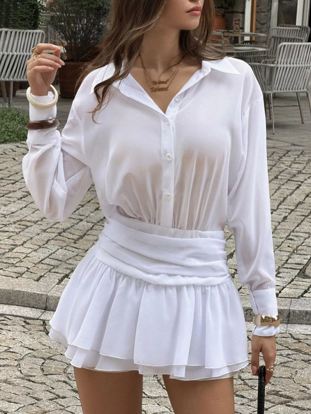 Women's White Ruched Waist Layered Ruffle Hem Shirt Dress - White