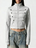 Women's Gray Cropped Zip-Up Outerwear with Decorative Buttons - Gray