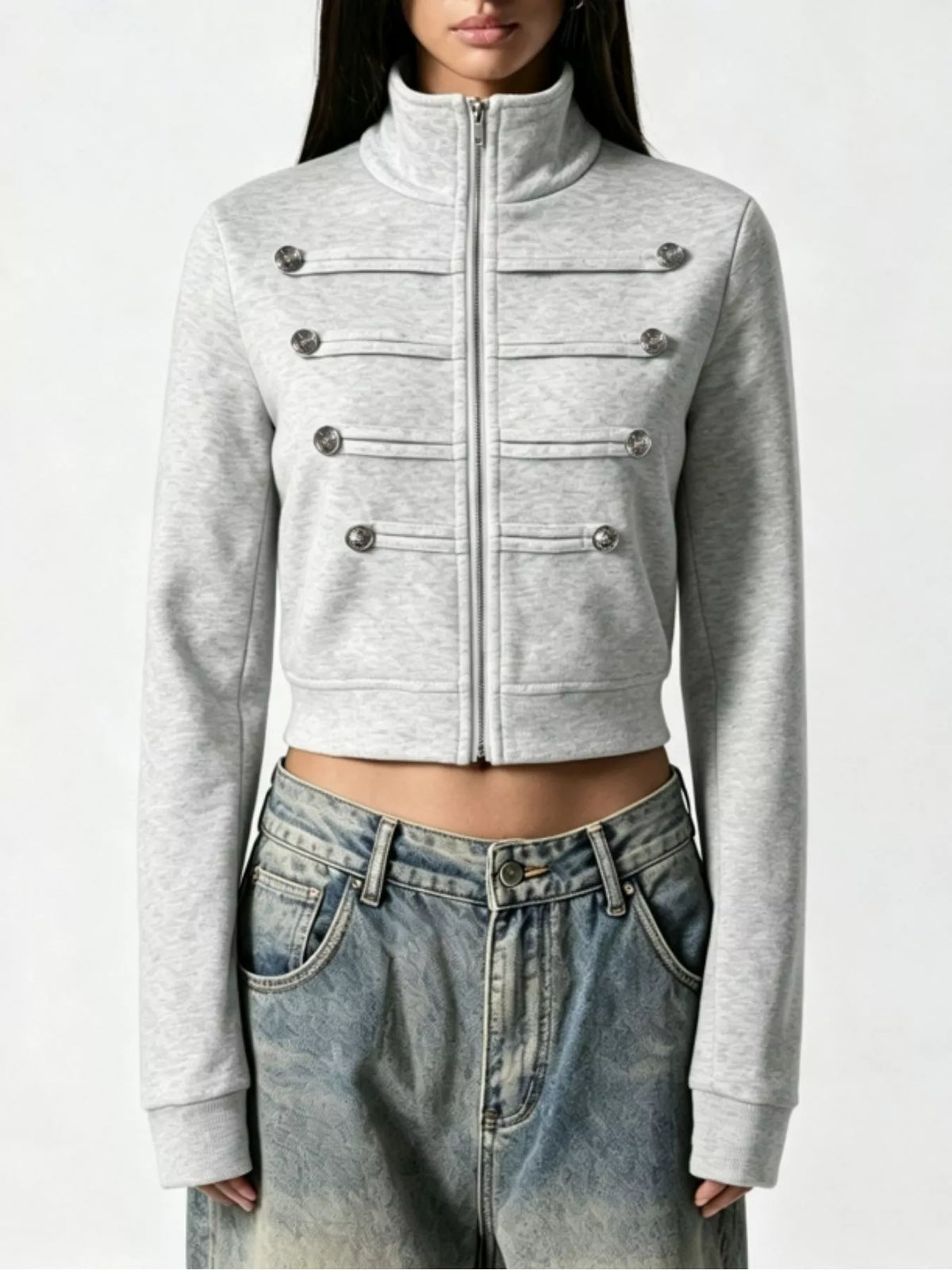 Women's Gray Cropped Zip-Up Outerwear with Decorative Buttons - Gray