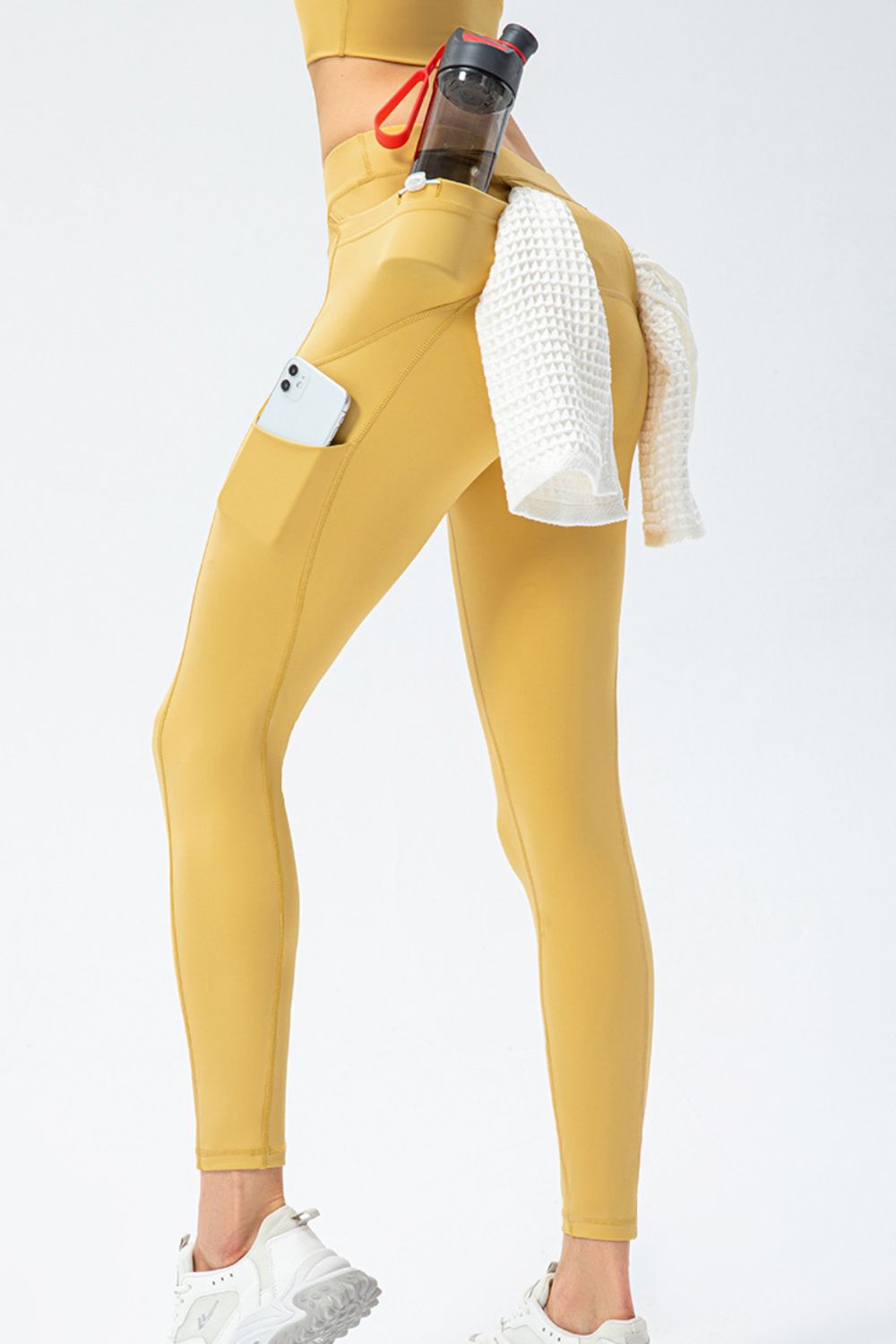 Women's Slim Fit High Waist Long Sports Pants with Pockets - Gold