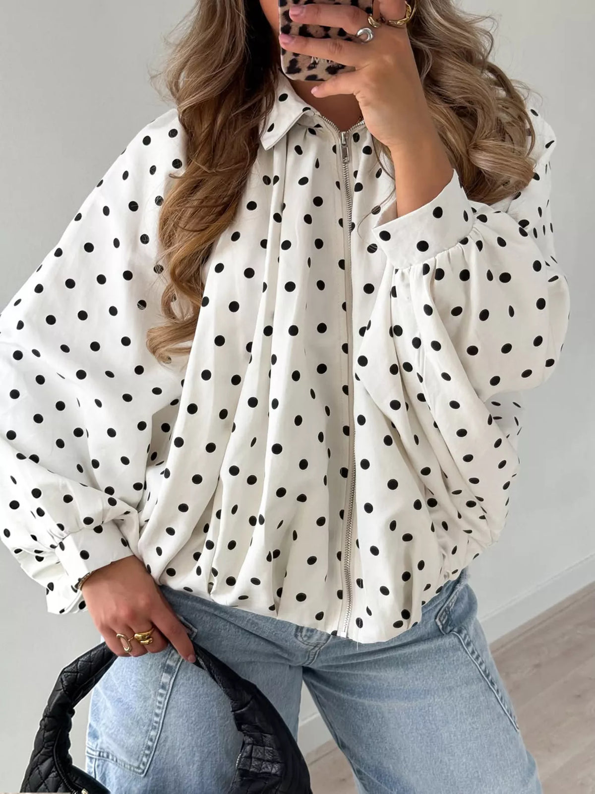 Women's White Polka Dot Zip-Up Jacket - White