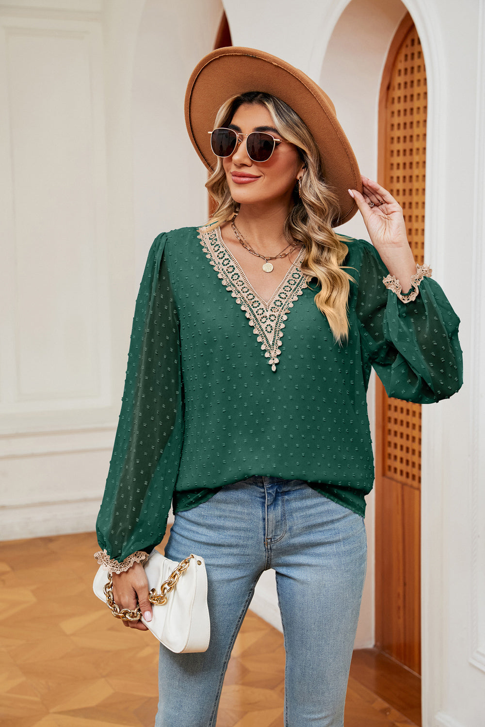 Women's Swiss Dot Contrast V-Neck Blouse