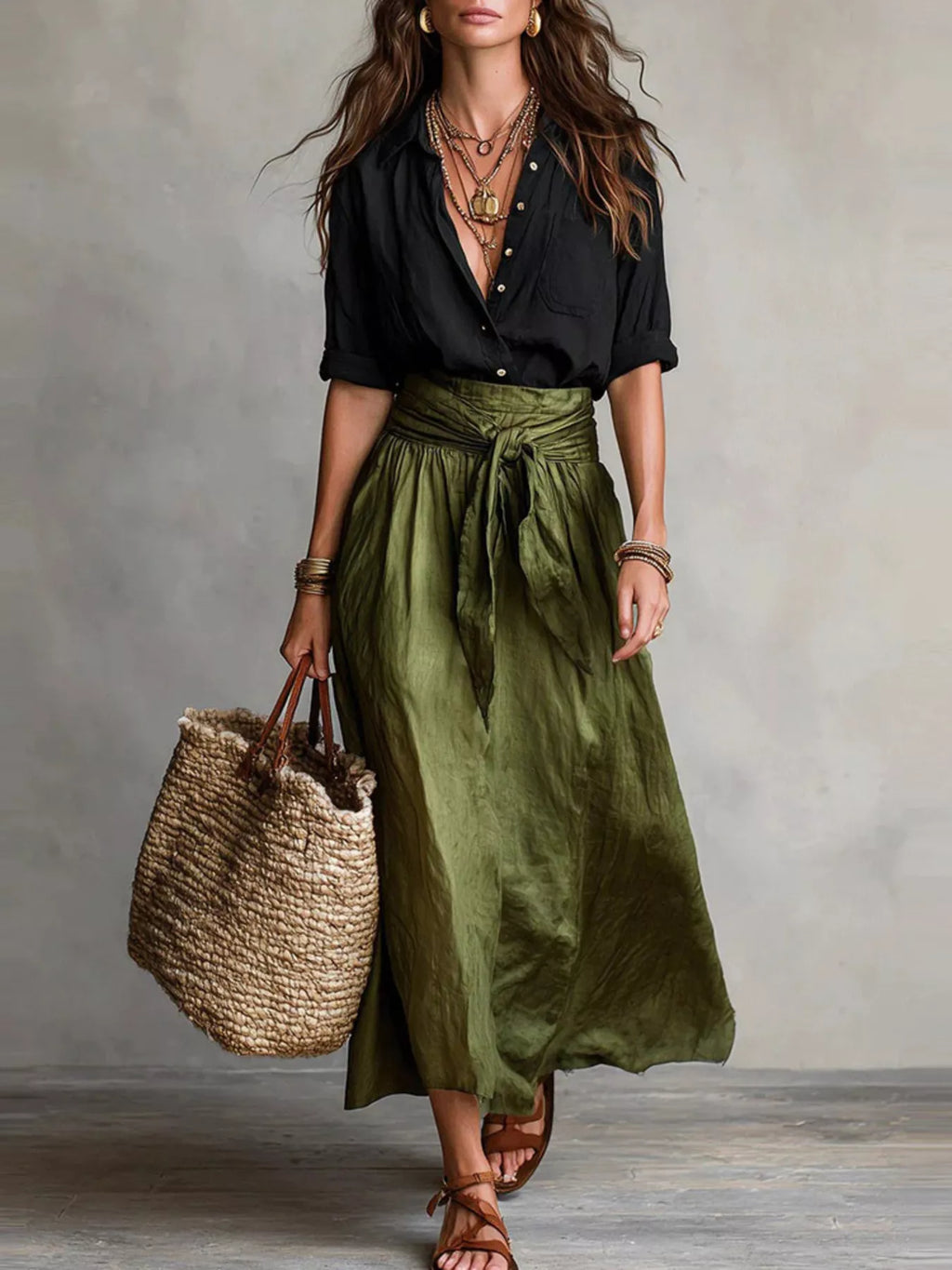Women's Matcha Green Button-Down Shirt and High-Waisted Tie-Front Maxi Skirt Set - Matcha Green