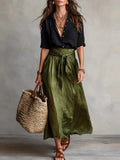 Women's Matcha Green Button-Down Shirt and High-Waisted Tie-Front Maxi Skirt Set - Matcha Green