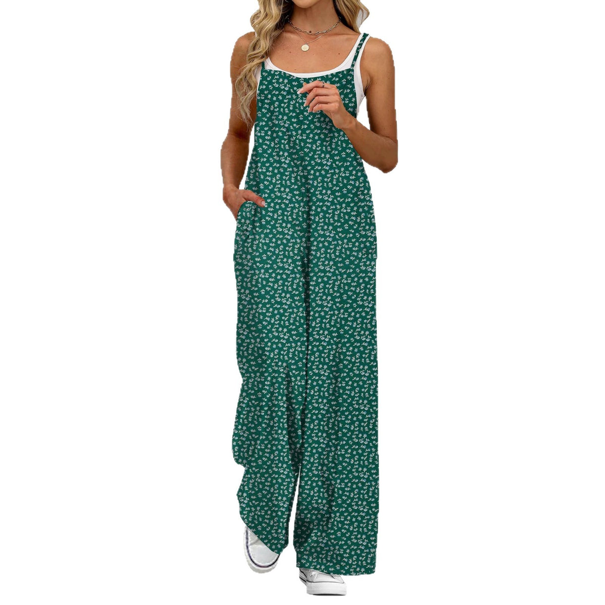 Women's 2026 European And American New Summer American Style Sexy Girl Adjustable Shoulder Strap Printed Leisure Halter Floral Jumpsuit - Green Floral Print