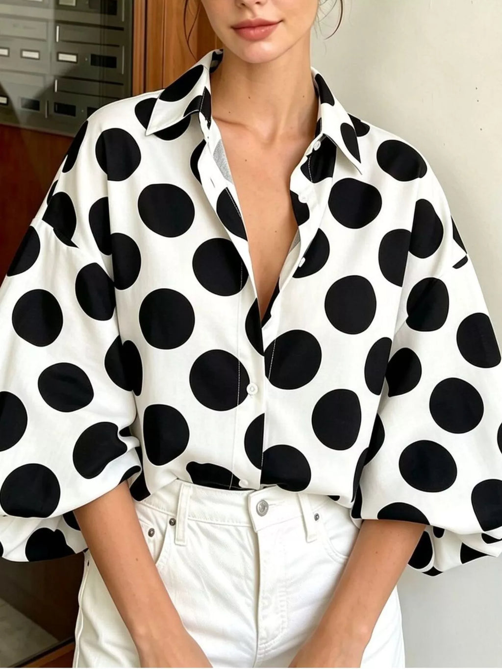 Women's White Polka Dot Puff Sleeve Shirt - White