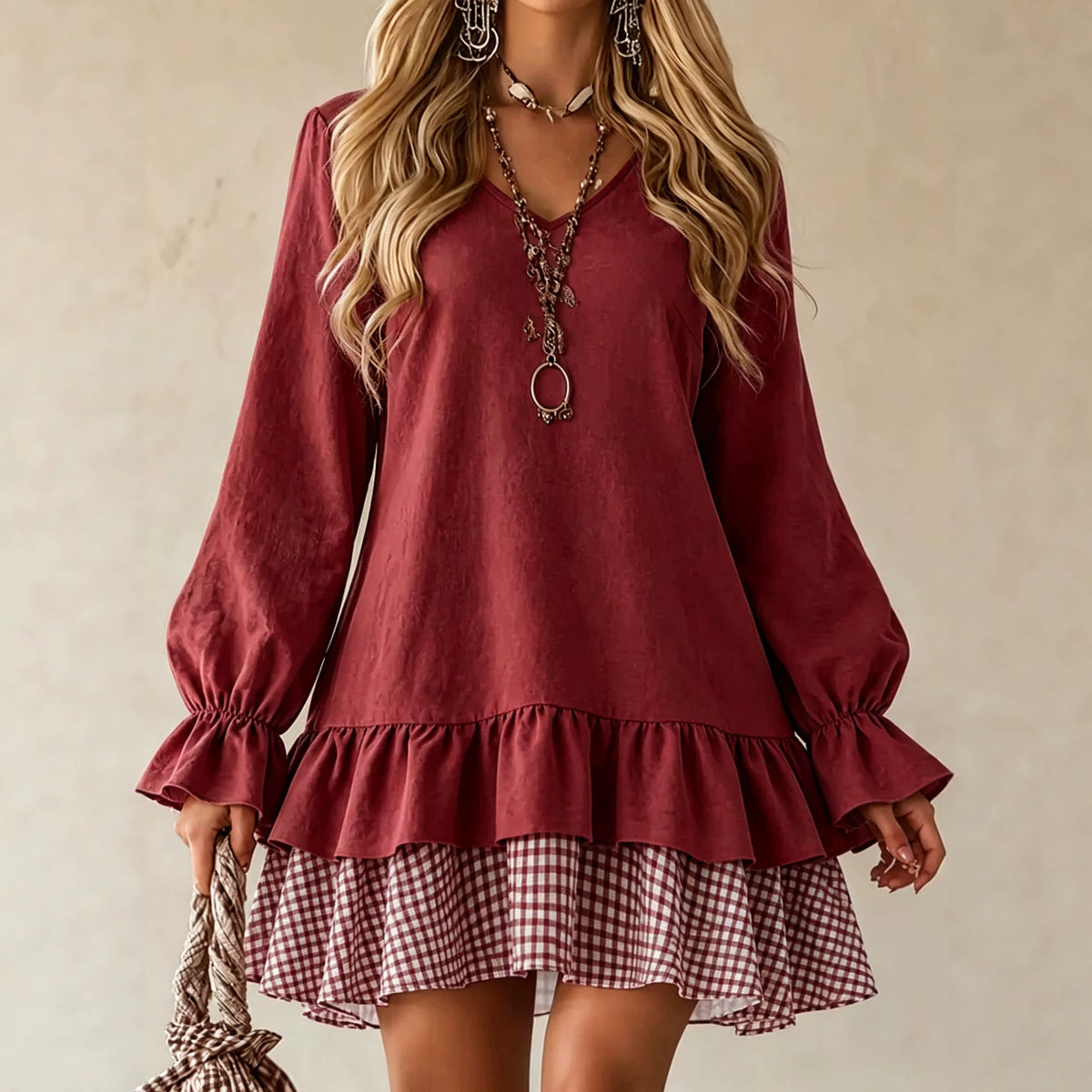 style V-neck Long-sleeved Dress