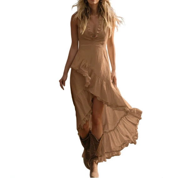 Fashionable Sleeveless V-neck Ruffled Dress