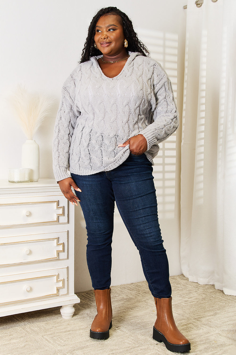Women's Light Gray Cable-Knit Hooded Sweater - Light Gray