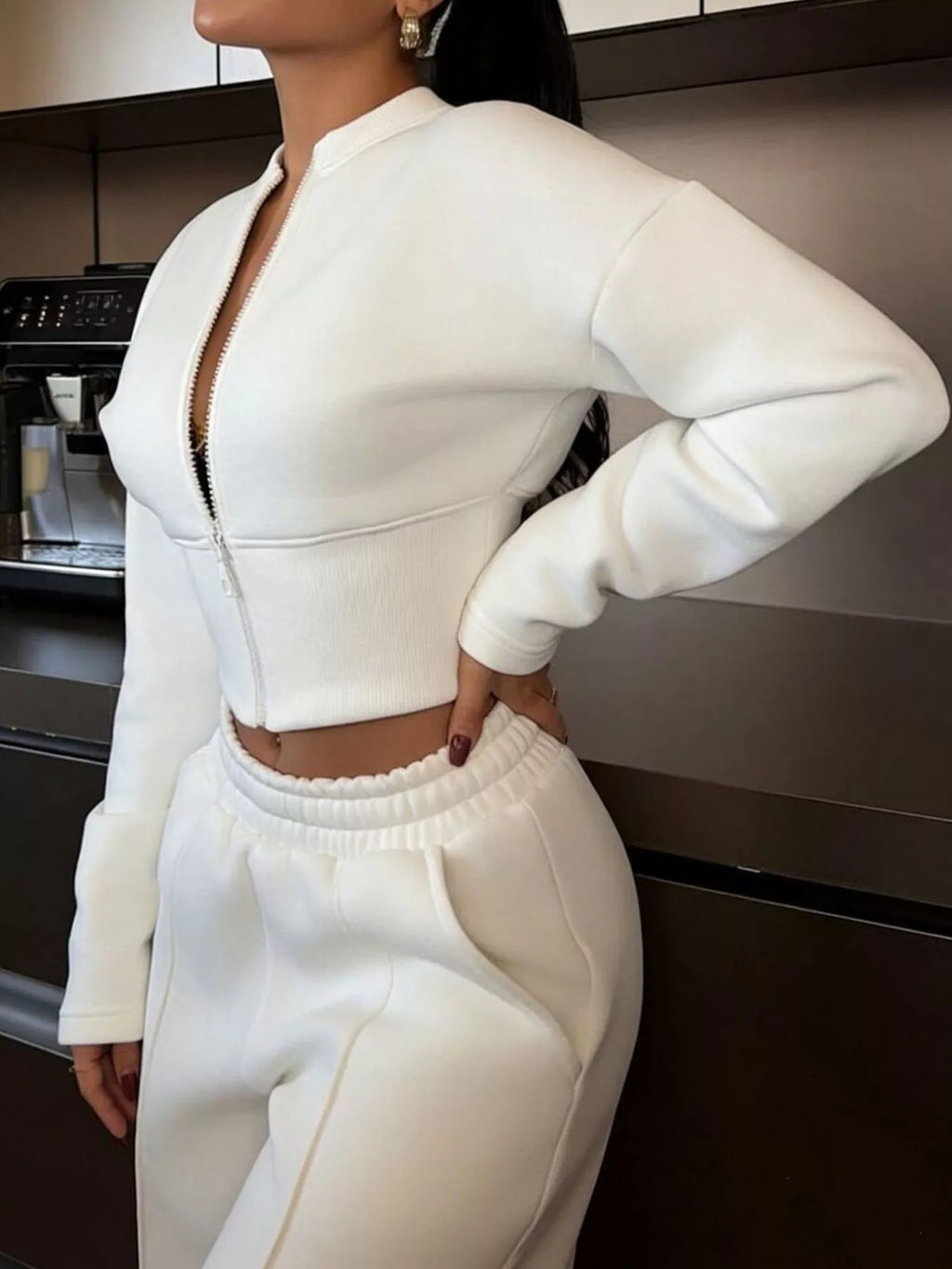 Women's Zip-Up Crop Jacket and Wide-Leg Pants Set