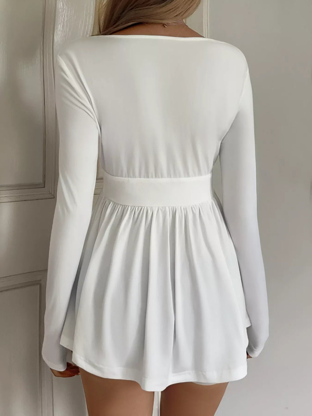 Women's White Surplice Peplum Long Sleeve Top - White