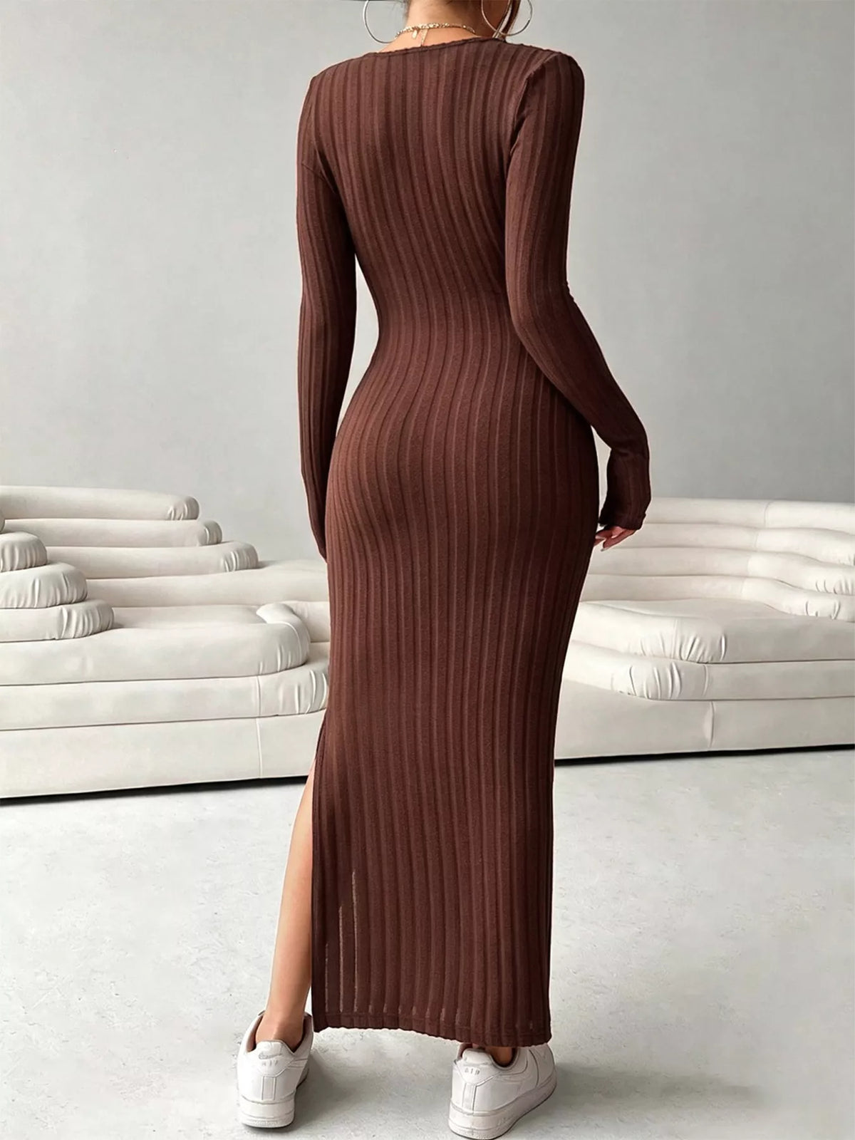Women's Coffee Brown Slit Long Sleeve Ribbed Knit Maxi Dress - Coffee Brown