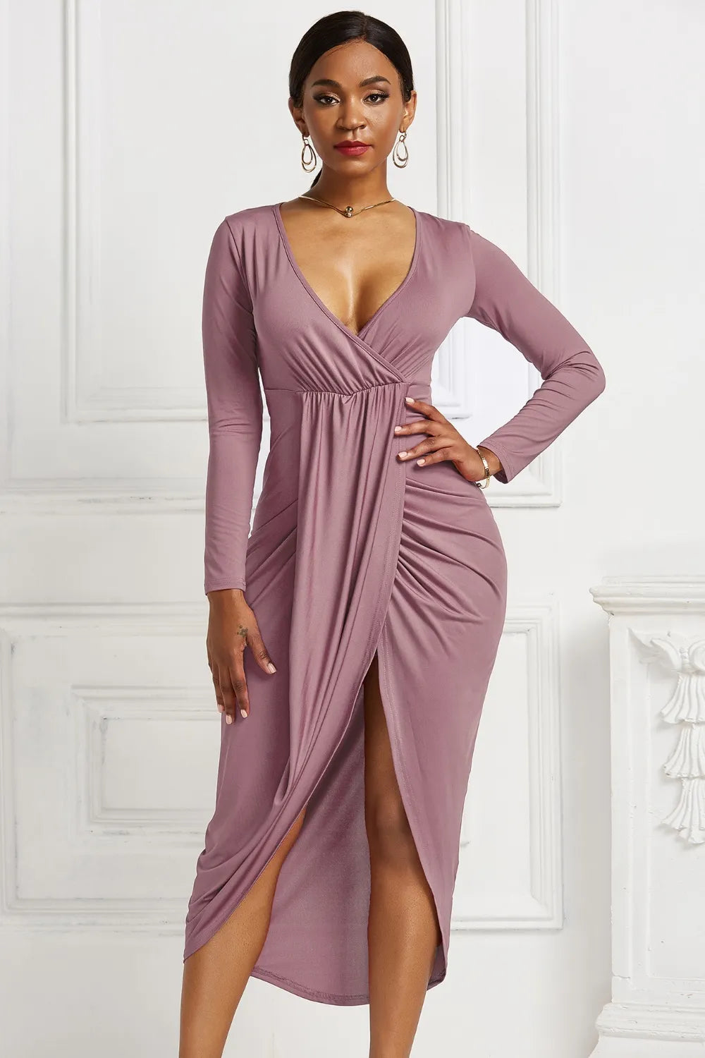 Women's High-low Ruched Surplice Long Sleeve Dress - Dusty Pink