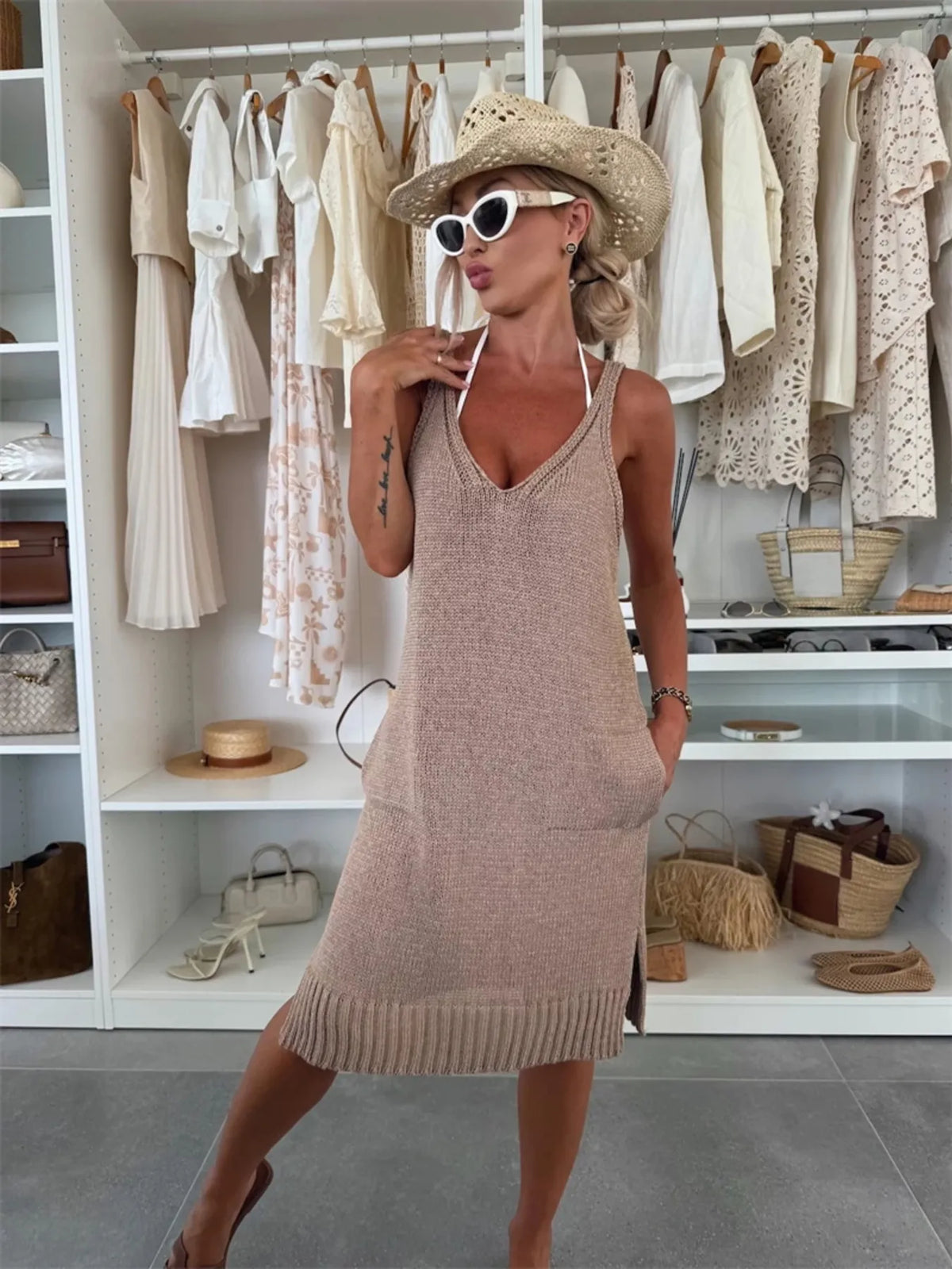 Ribbed Hem V-Neck Sweater Dress