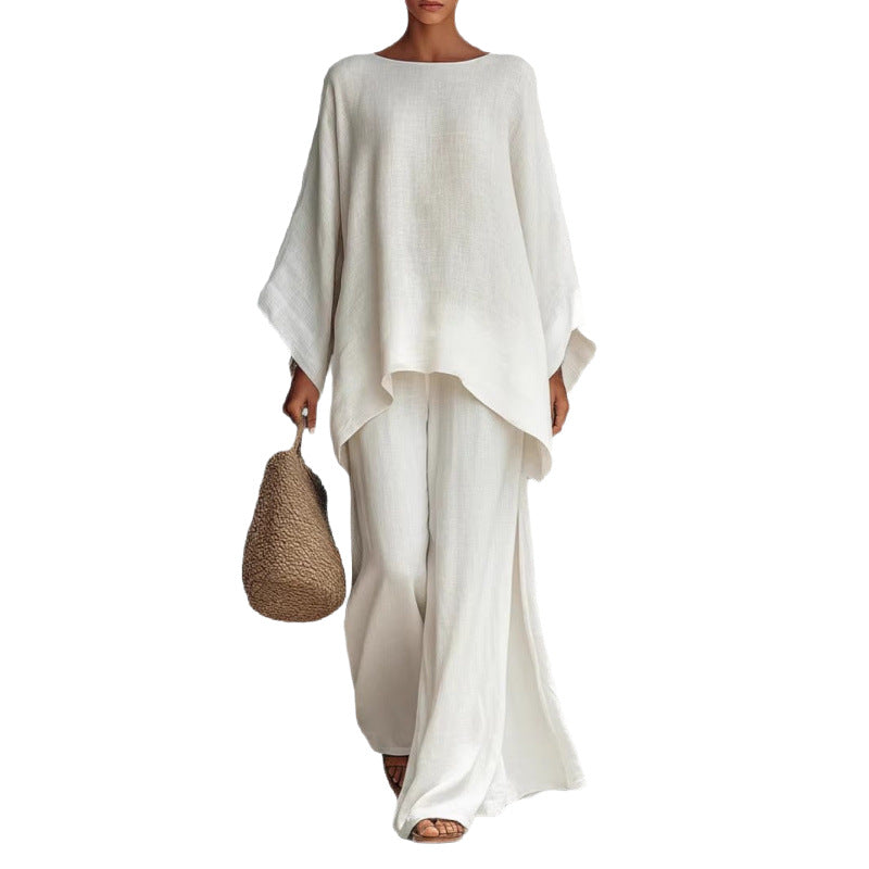 Women's European And American Cross-Border New Style Women's Simple Loose Linen Blend Shirt And Wide-Leg Pants Set