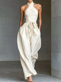 Women's Halter Neck Wide-Leg Jumpsuit with Waist-Tie Detail - Milky White