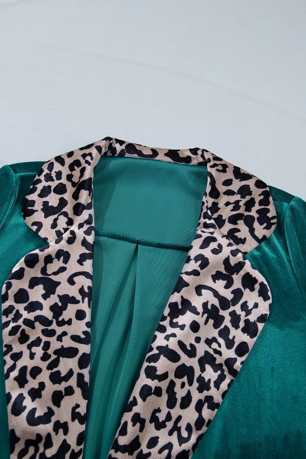 Women's Deep Teal Velvet Contrast Leopard Print Lapel Collar Open Front Cardigan - Deep Teal