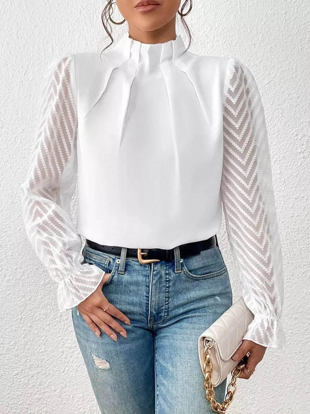 Women's Mock Neck Flounce Sleeve Blouse - White