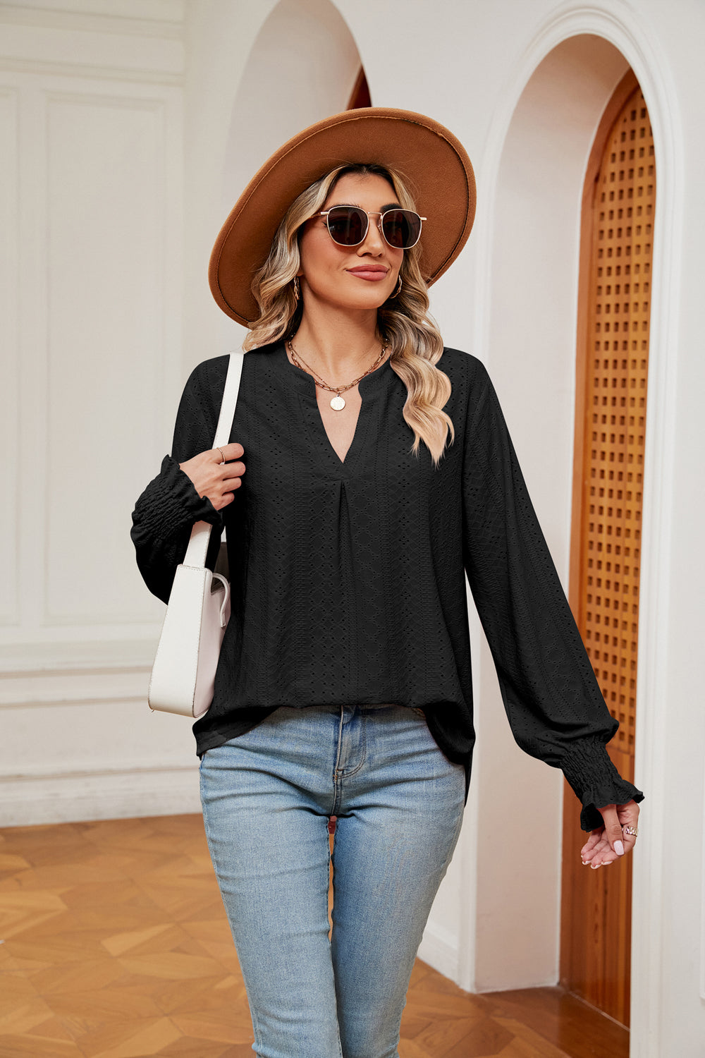 Women's Notched Neck Flounce Sleeve Blouse - Black