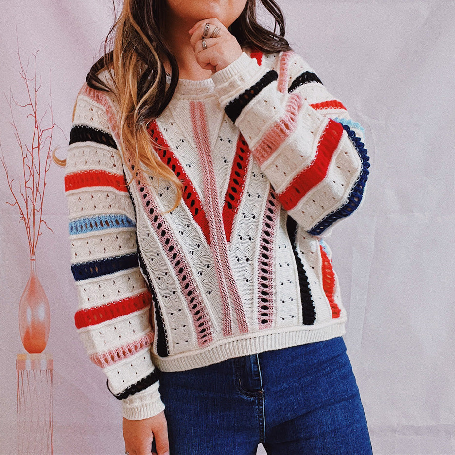 Women's Multicolor Striped Openwork Round Neck Sweater - Multicolor